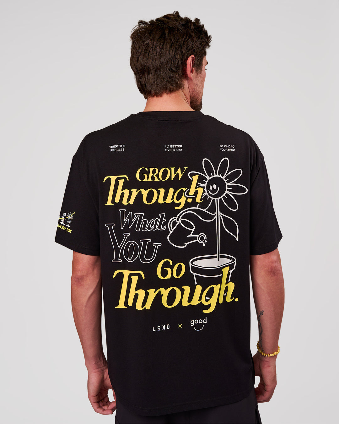 Man wearing TGHF X LSKD 26 FLXCotton Oversized Tee - Black | Model:Cooper | Size:L - view 1