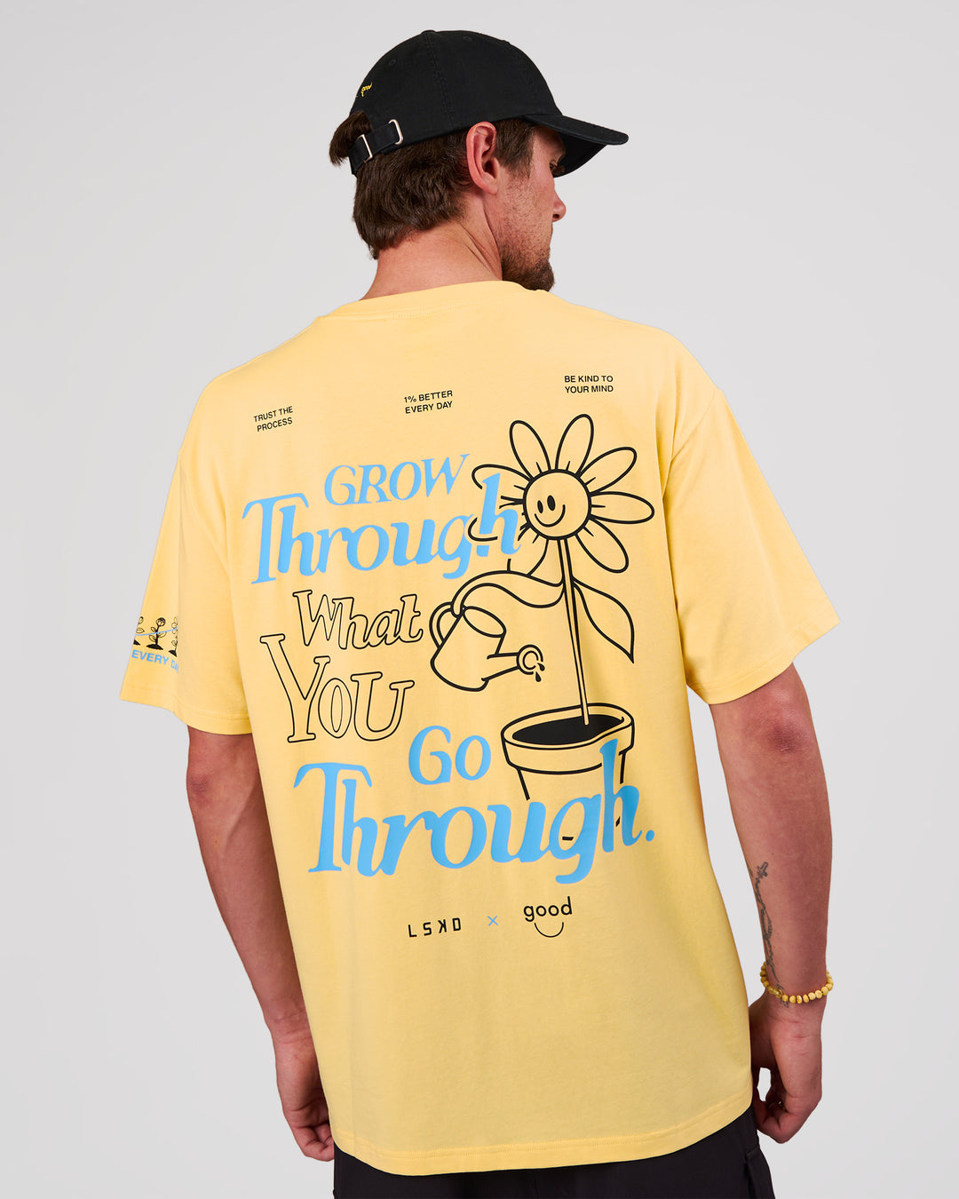 Man wearing TGHF X LSKD 26 FLXCotton Oversized Tee - Lemon | Model:Cooper | Size:L - view 1