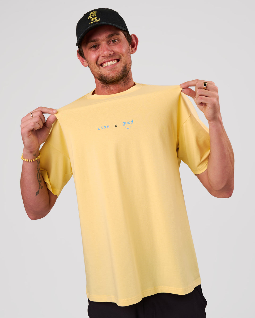 Man wearing TGHF X LSKD 26 FLXCotton Oversized Tee - Lemon | Model:Cooper | Size:L - view 3