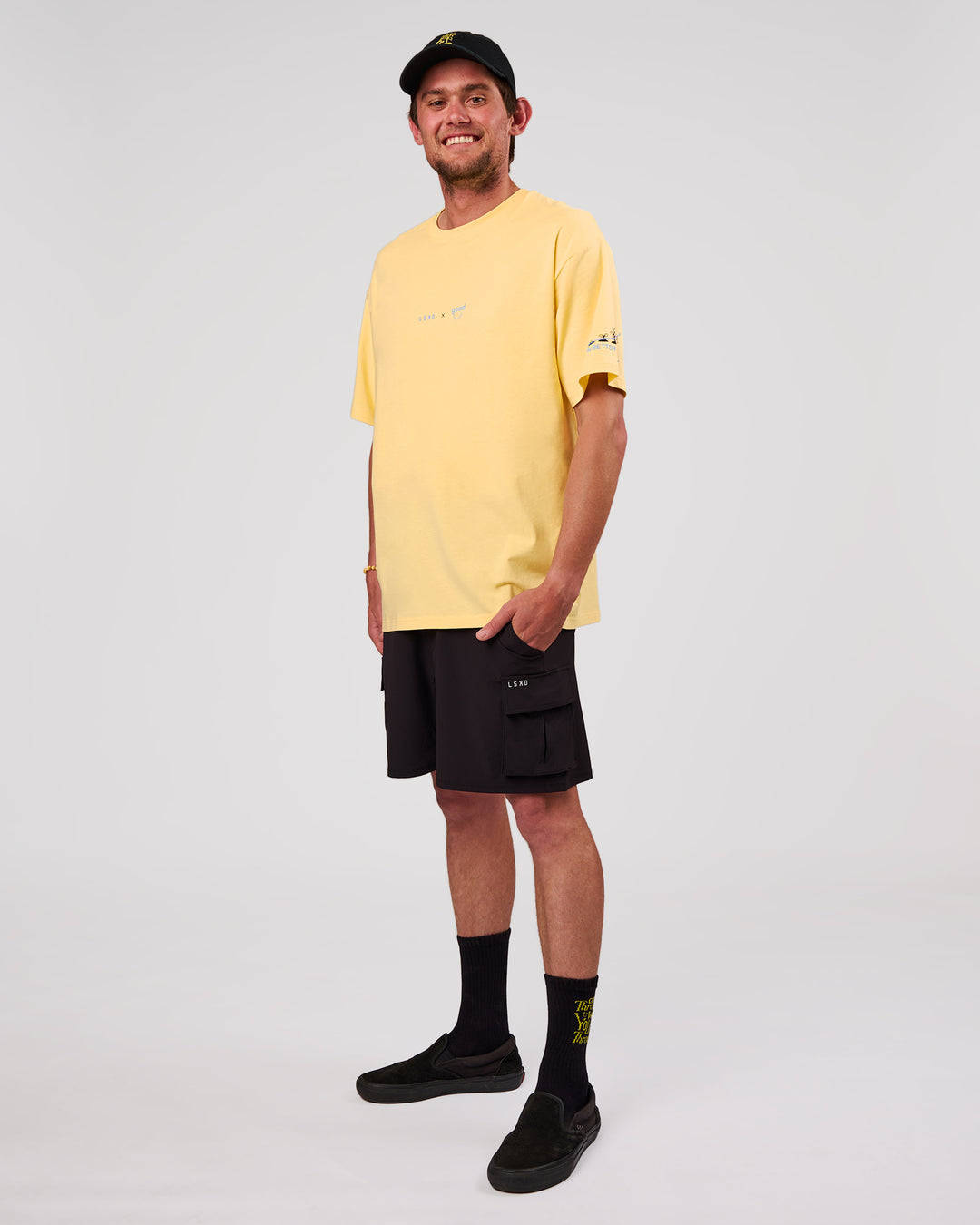 Man wearing TGHF X LSKD 26 FLXCotton Oversized Tee - Lemon | Model:Cooper | Size:L - view 9