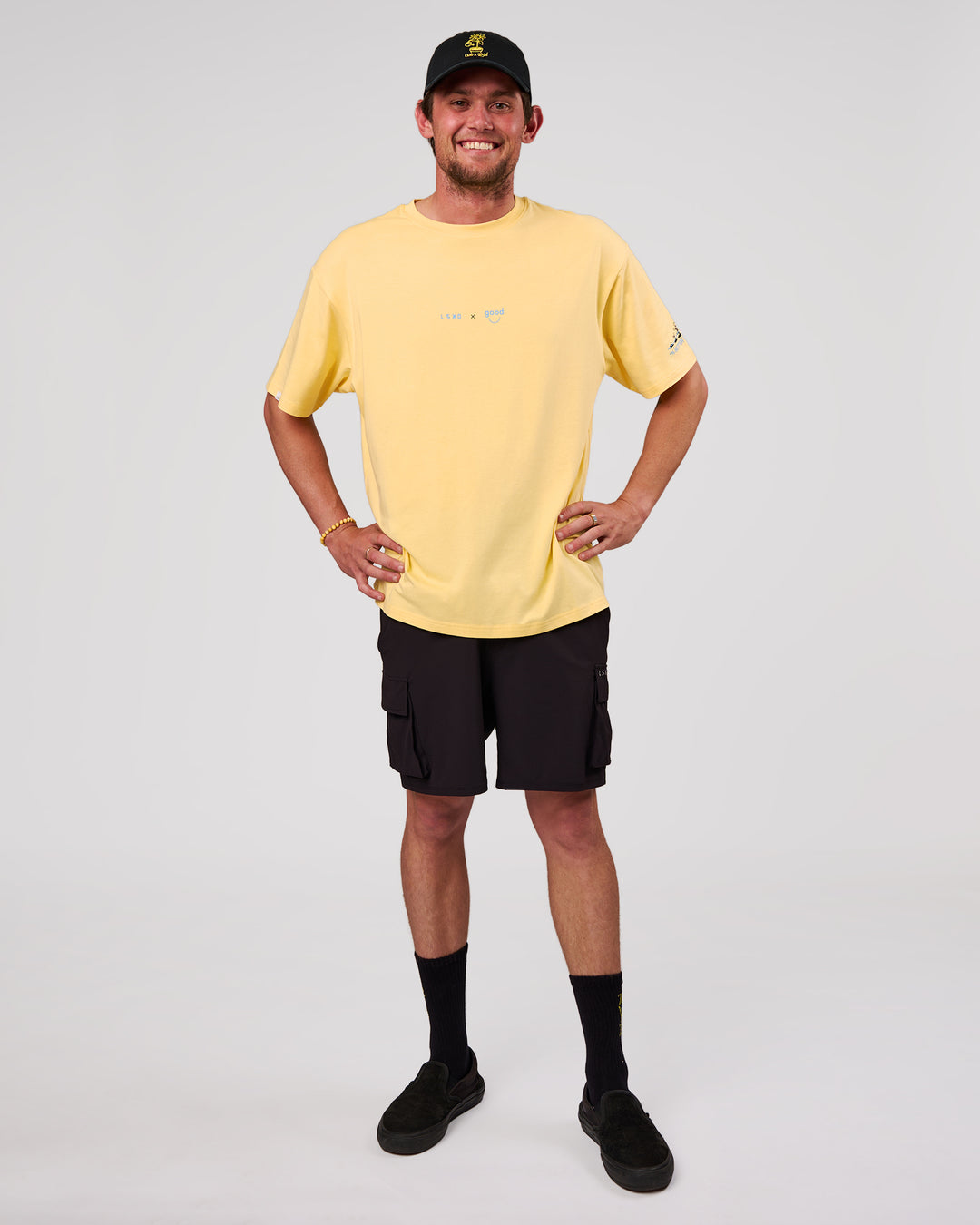 Man wearing TGHF X LSKD 26 FLXCotton Oversized Tee - Lemon | Model:Cooper | Size:L - view 11