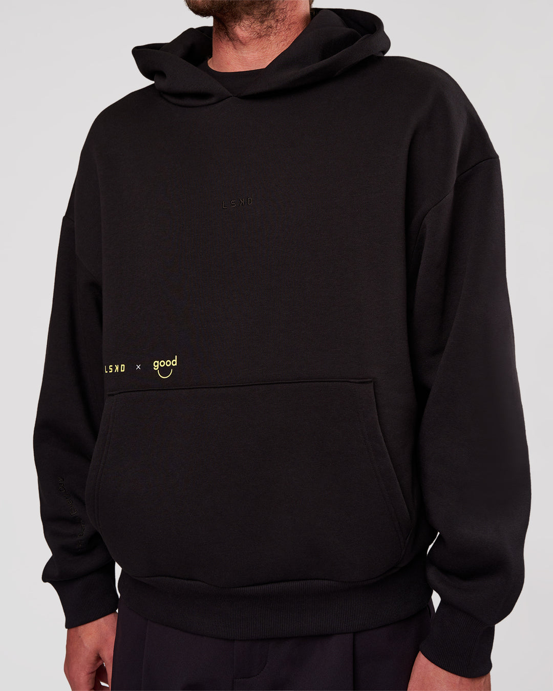 Man wearing TGHF X LSKD 26 Oversized Hoodie - Black | Model:Cooper | Size:L - view 7