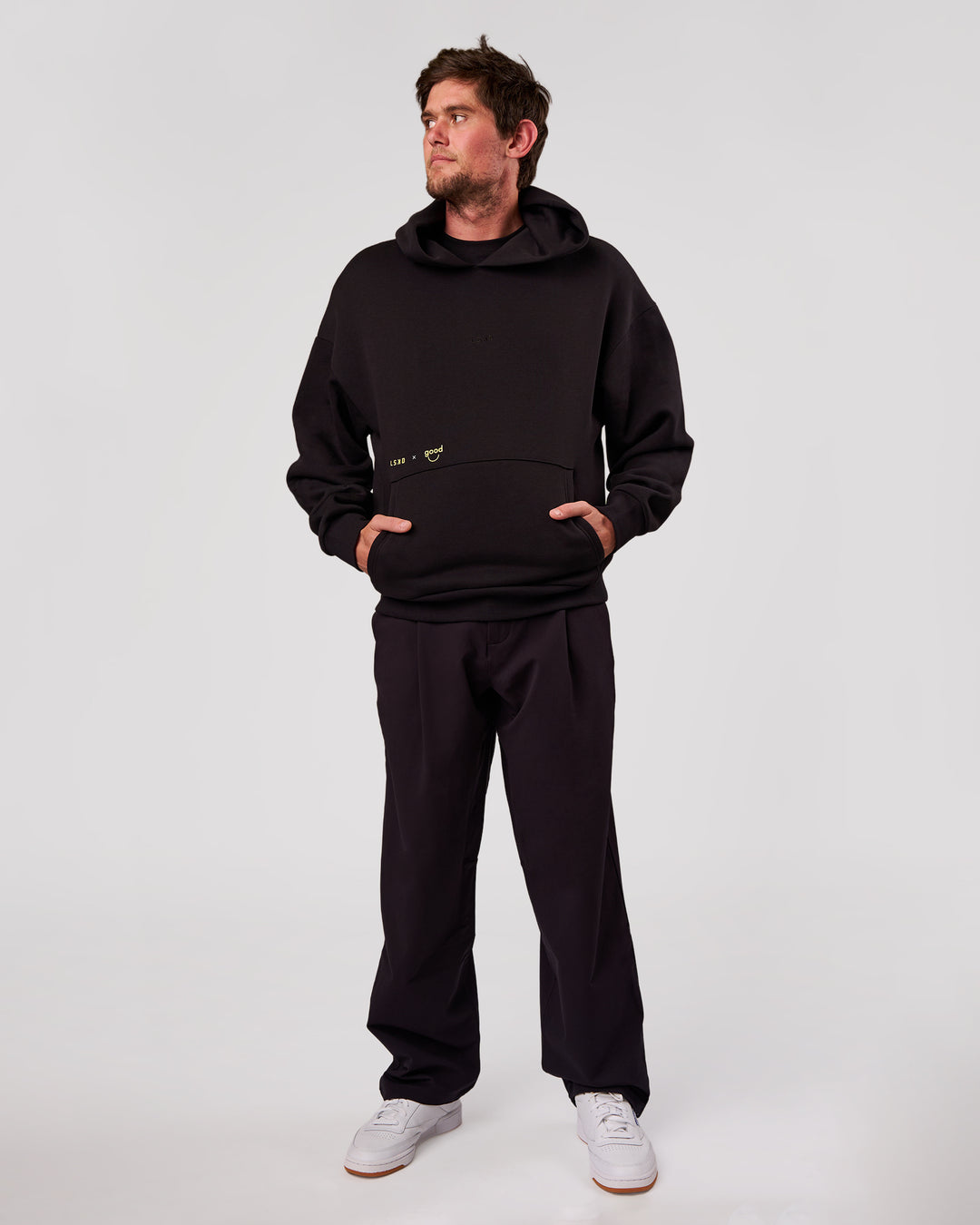 Man wearing TGHF X LSKD 26 Oversized Hoodie - Black | Model:Cooper | Size:L - view 13