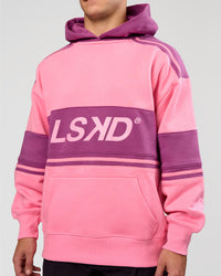 Man wearing A-Team Oversized Hoodie - Candy Pink-Boysenberry | Model:Jaiden | Size:L | Thumbnail Index: 5