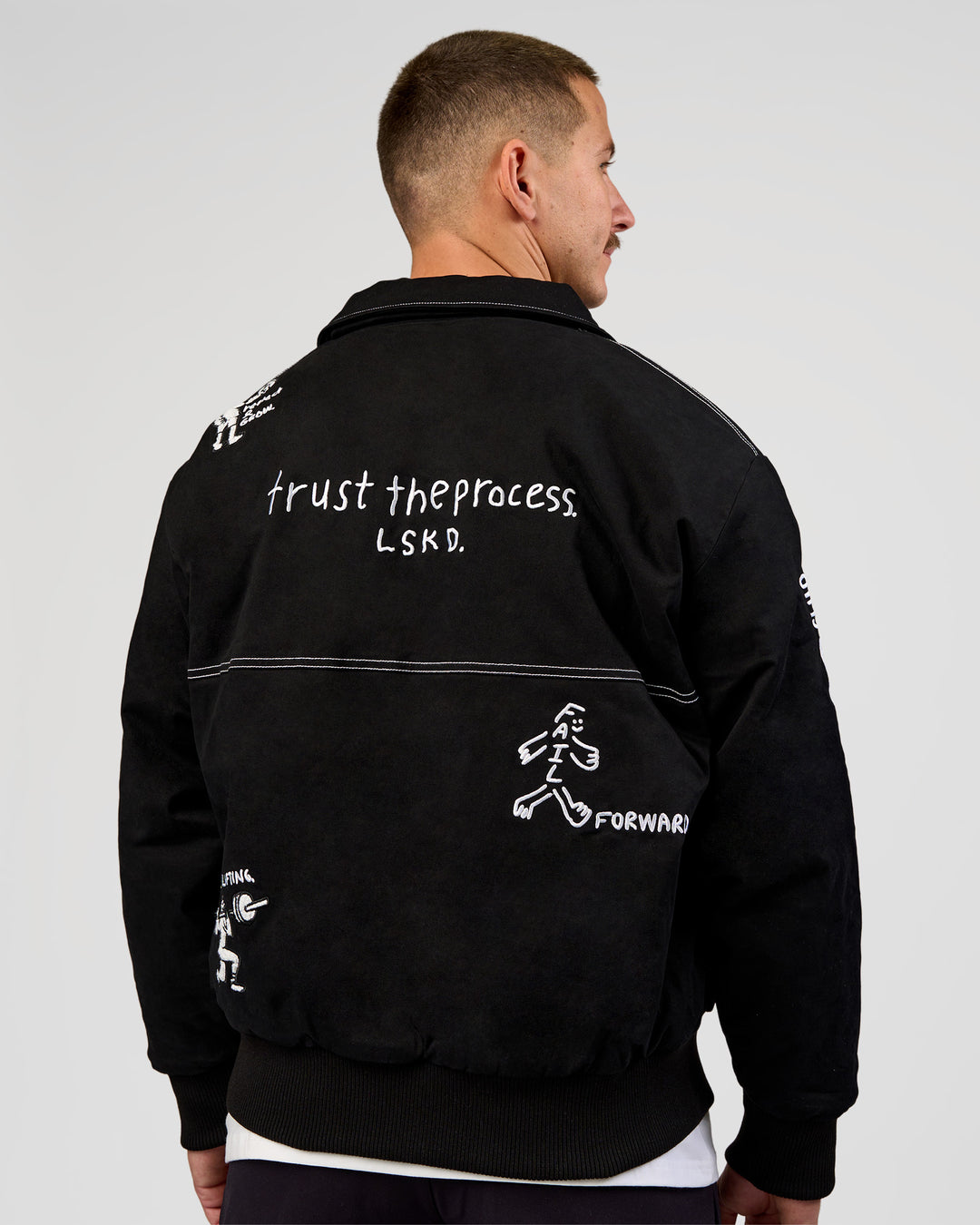Man wearing Andrew J. Steel x LSKD Bomber Jacket - Black | Model:Jaiden | Size:L - view 6