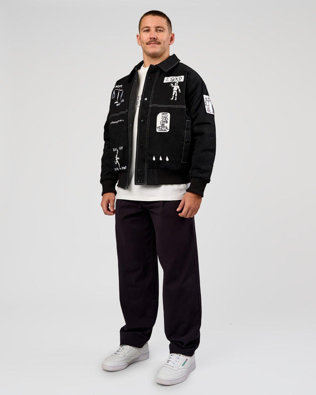Man wearing Andrew J. Steel x LSKD Bomber Jacket - Black | Model:Jaiden | Size:L - view 18