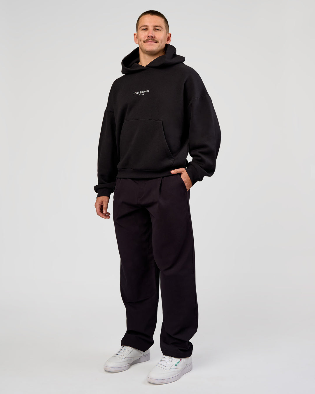 Man wearing Andrew J. Steel x LSKD Boxy Hoodie - Black | Model:Jaiden | Size:L - view 9