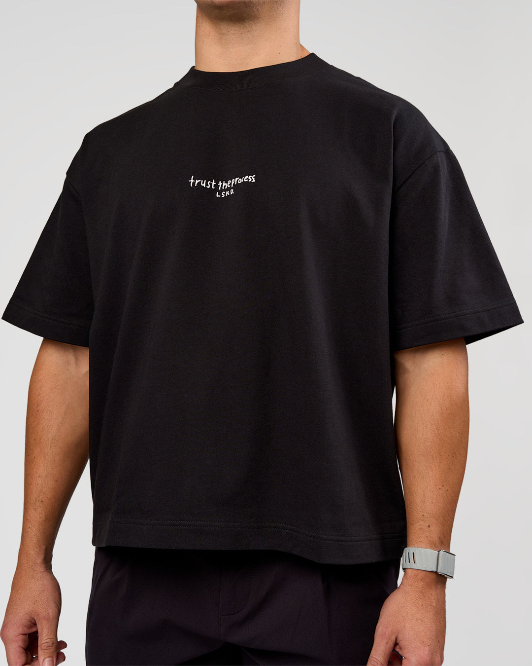 Man wearing Andrew J. Steel x LSKD Heavyweight Boxed Tee - Black | Model:Jaiden | Size:L - view 6