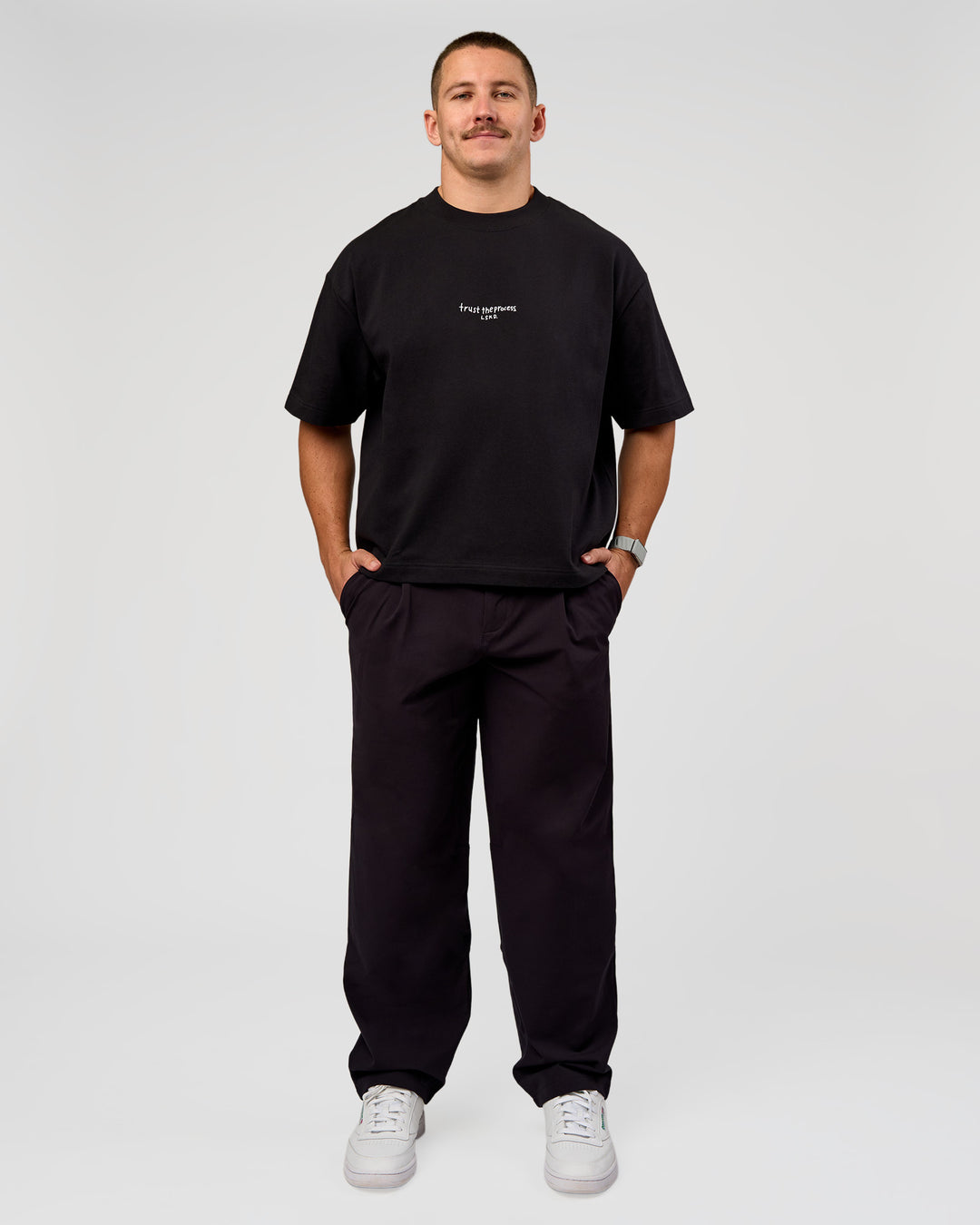 Man wearing Andrew J. Steel x LSKD Heavyweight Boxed Tee - Black | Model:Jaiden | Size:L - view 8