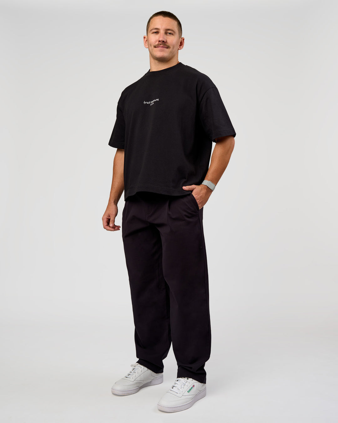 Man wearing Andrew J. Steel x LSKD Heavyweight Boxed Tee - Black | Model:Jaiden | Size:L - view 10