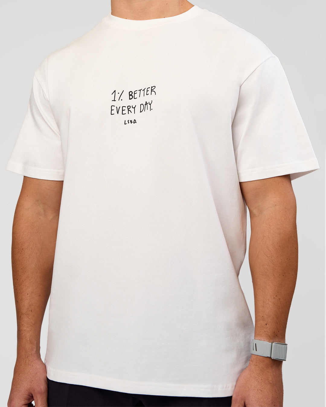Man wearing Andrew J. Steel x LSKD Heavyweight FLXCotton Oversized Tee - White | Model:Jaiden | Size:L - view 3