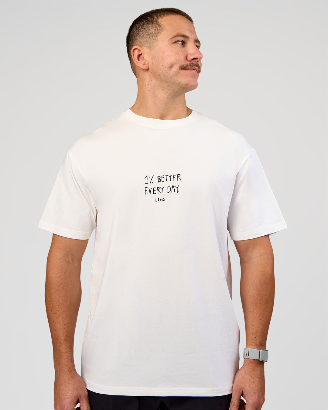 Man wearing Andrew J. Steel x LSKD Heavyweight FLXCotton Oversized Tee - White | Model:Jaiden | Size:L - view 11