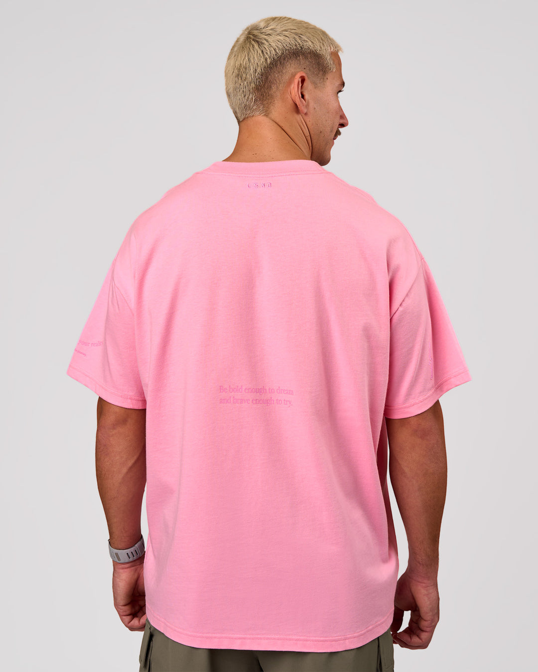 Man wearing Bree Heavyweight Oversized Tee - Pink Rose | Model:Jaiden | Size:L - view 5