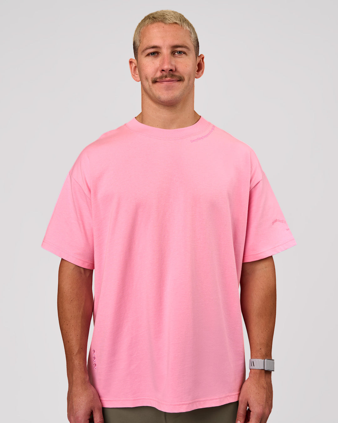 Man wearing Bree Heavyweight Oversized Tee - Pink Rose | Model:Jaiden | Size:L - view 8