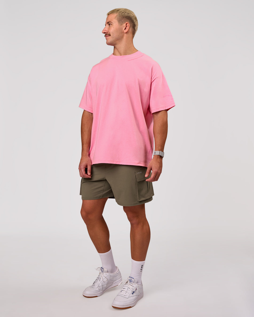Man wearing Bree Heavyweight Oversized Tee - Pink Rose | Model:Jaiden | Size:L - view 10