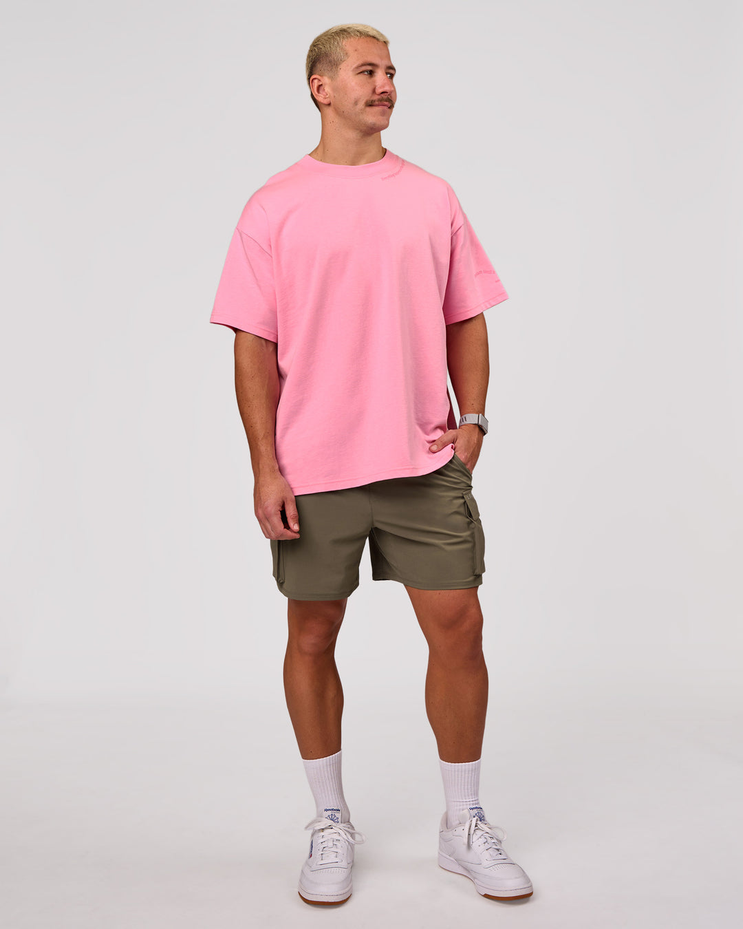 Man wearing Bree Heavyweight Oversized Tee - Pink Rose | Model:Jaiden | Size:L - view 12