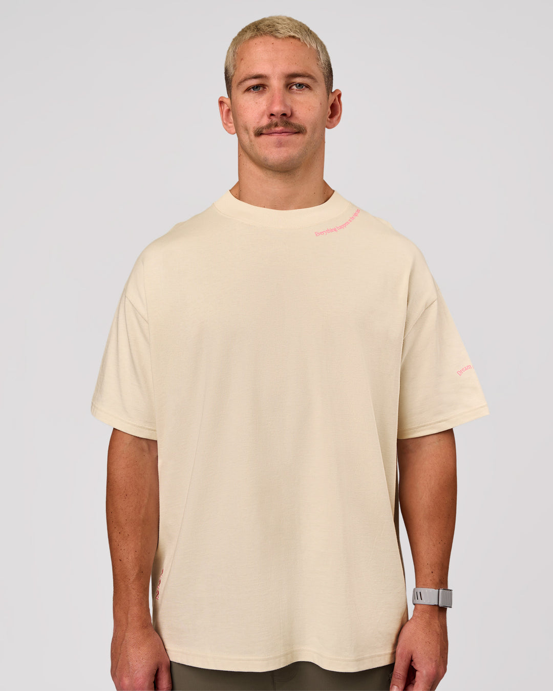 Man wearing Bree Heavyweight Oversized Tee - Vanilla Bean | Model:Jaiden | Size:L - view 4