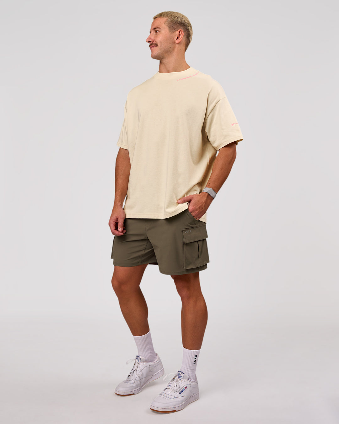 Man wearing Bree Heavyweight Oversized Tee - Vanilla Bean | Model:Jaiden | Size:L - view 6