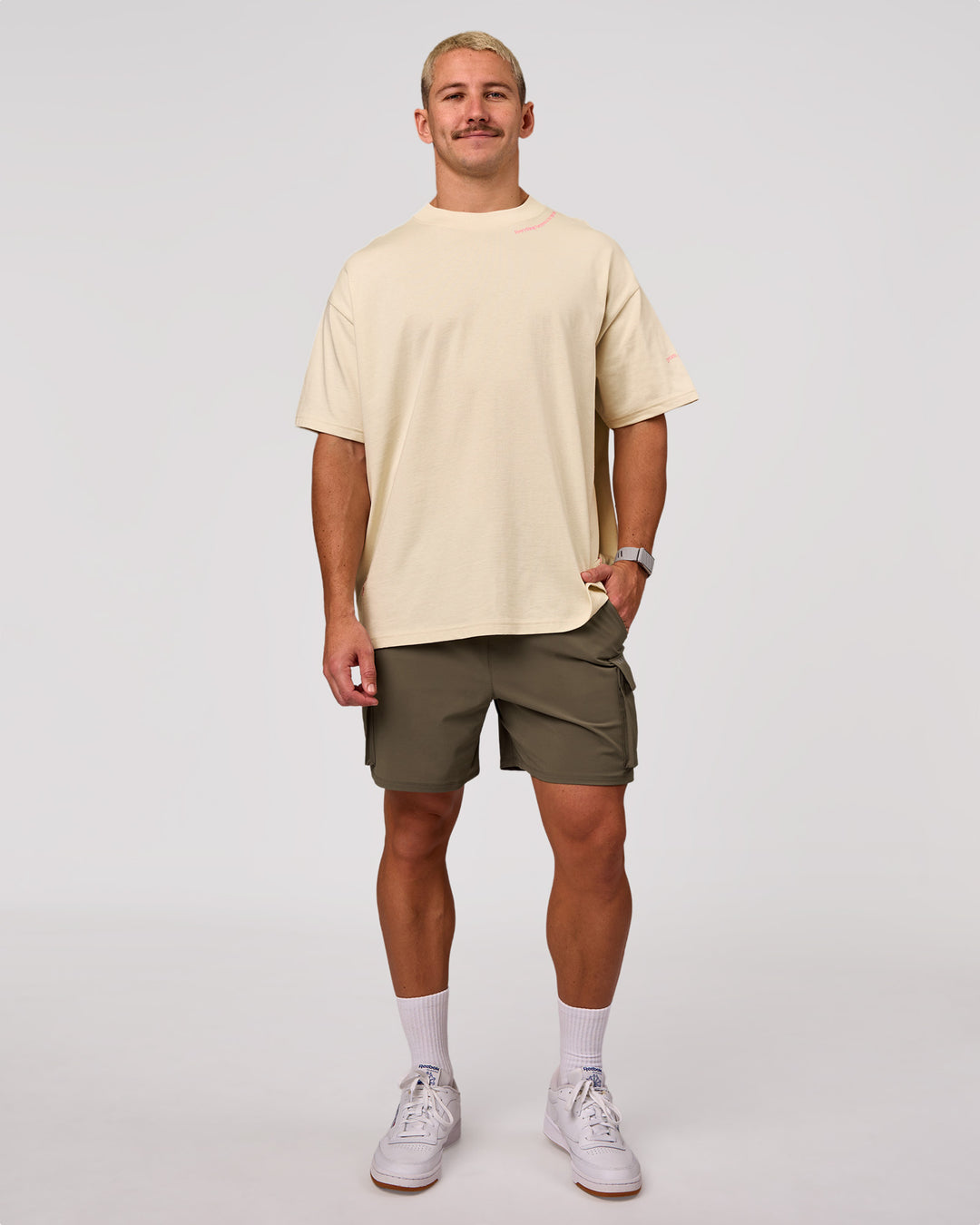 Man wearing Bree Heavyweight Oversized Tee - Vanilla Bean | Model:Jaiden | Size:L - view 13