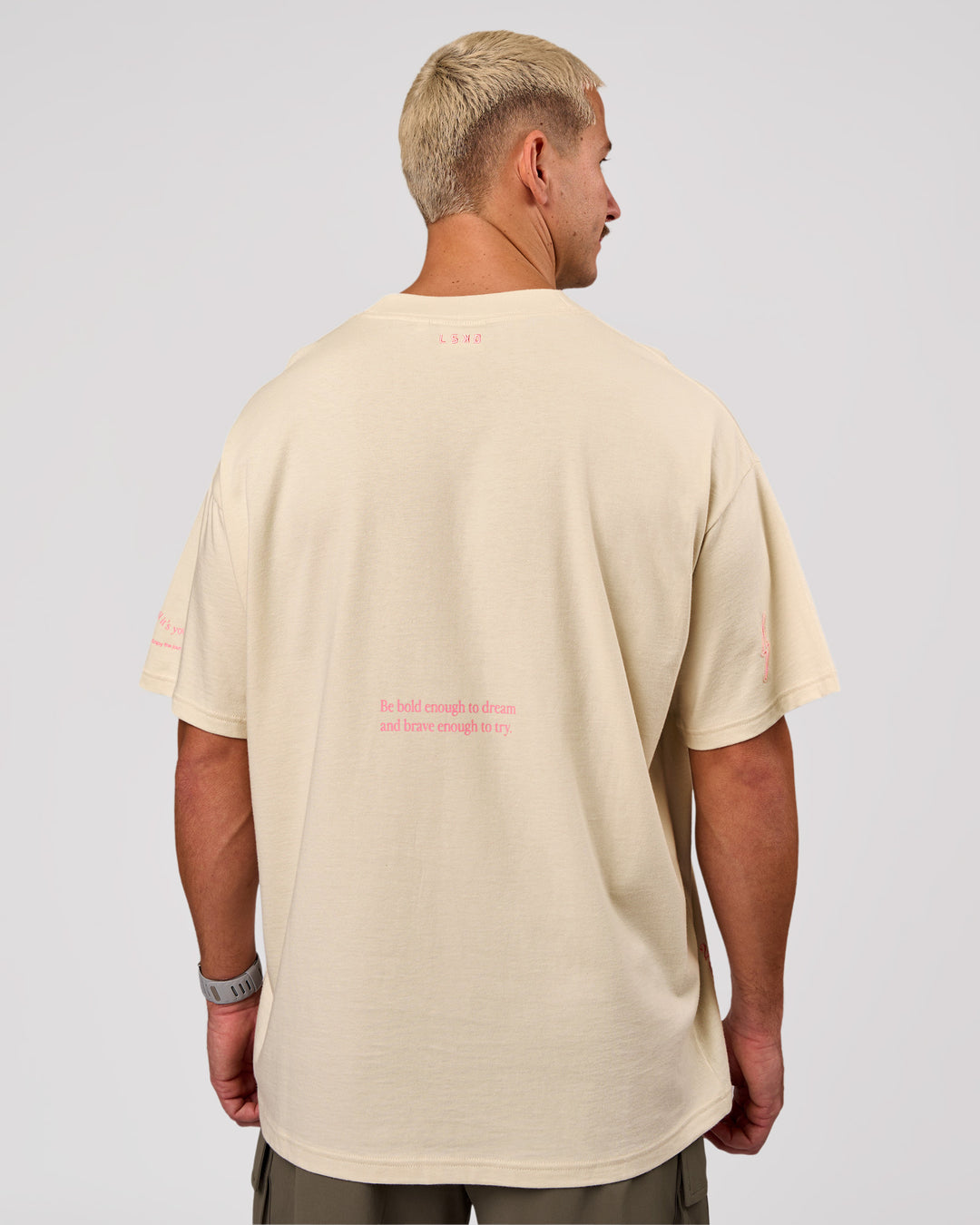Man wearing Bree Heavyweight Oversized Tee - Vanilla Bean | Model:Jaiden | Size:L - view 3