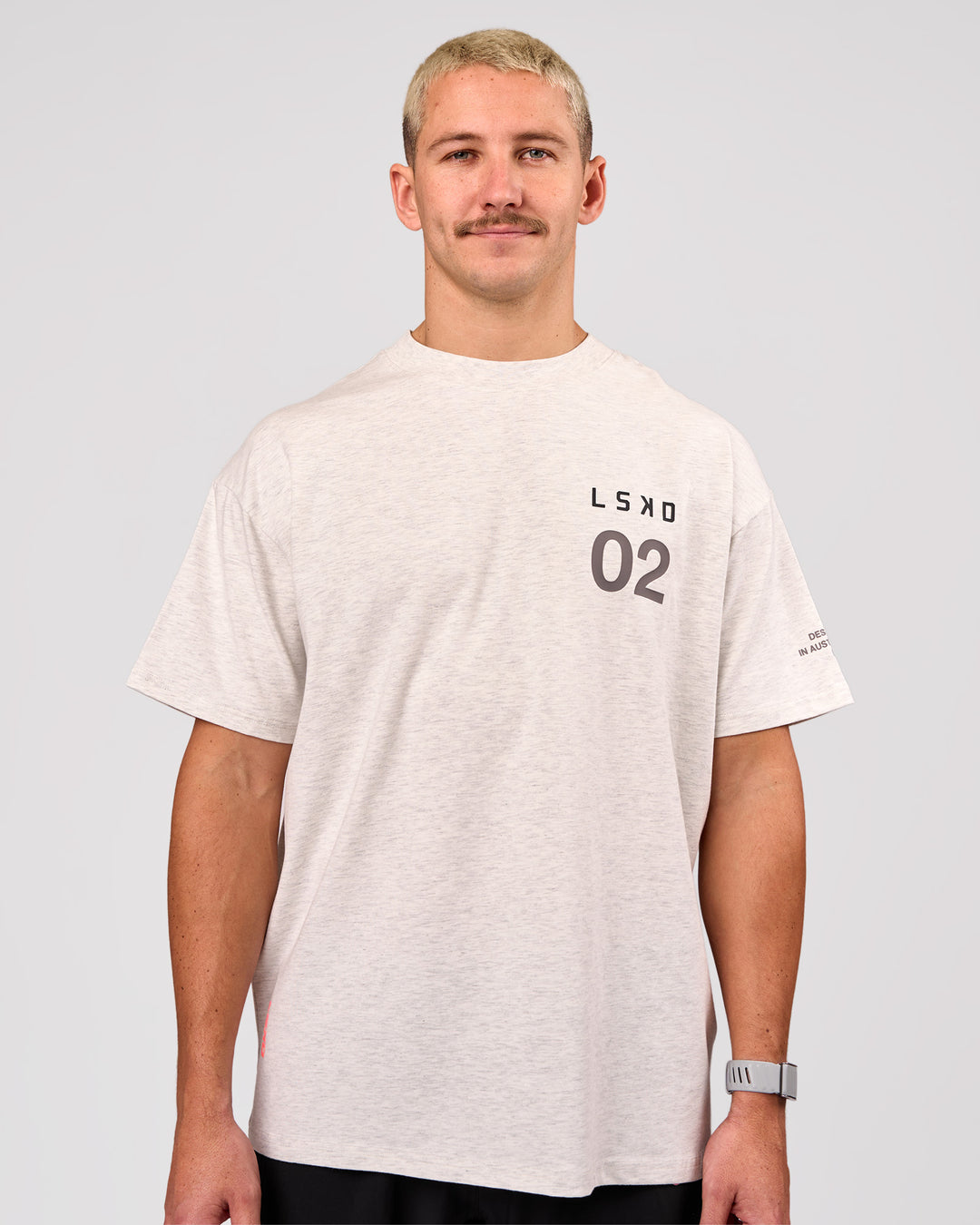 Man wearing Hybrid Elements Heavyweight FLXCotton Oversized Tee  - Silver Marl | Model:Jaiden | Size:L - view 3
