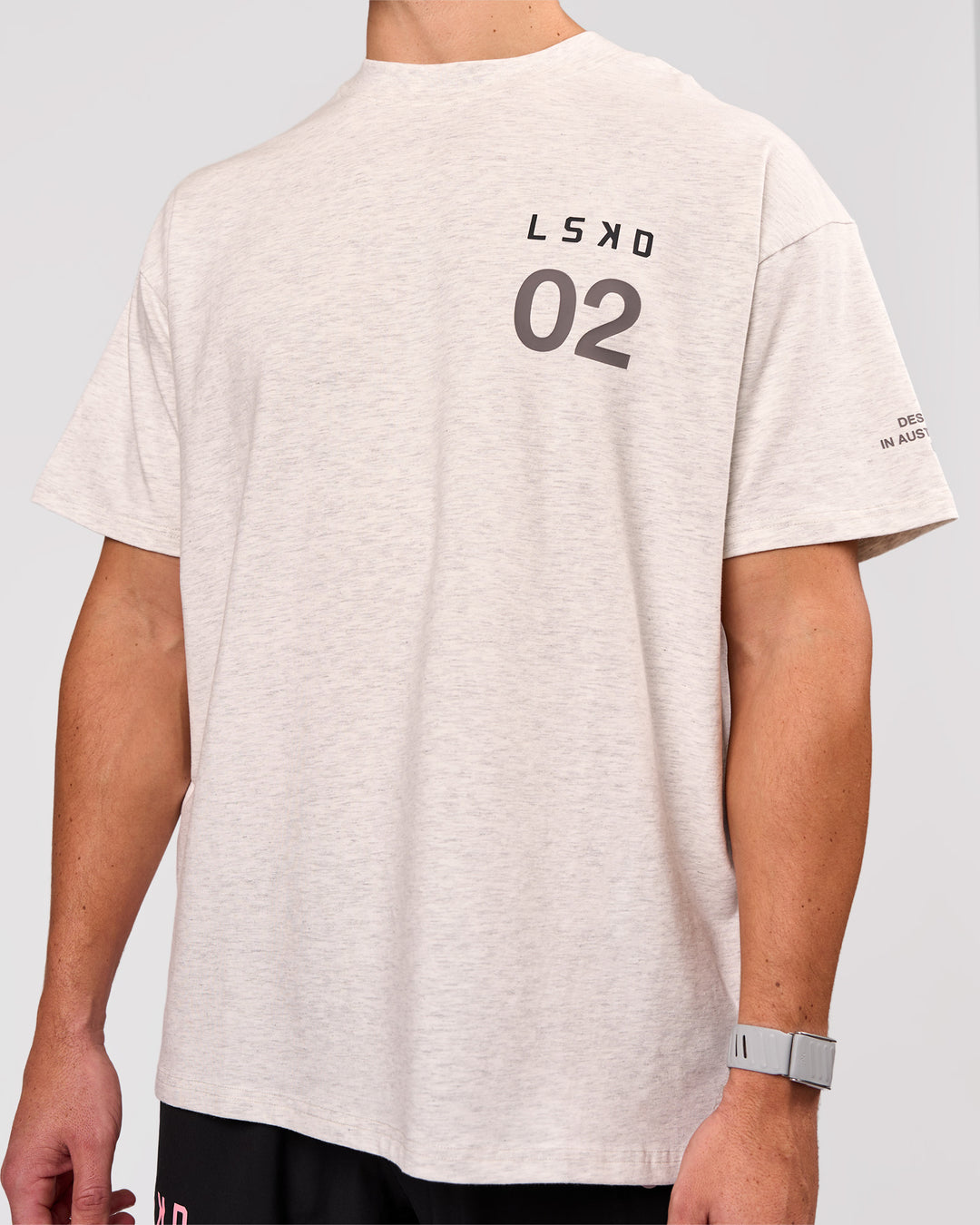 Man wearing Hybrid Elements Heavyweight FLXCotton Oversized Tee  - Silver Marl | Model:Jaiden | Size:L - view 9