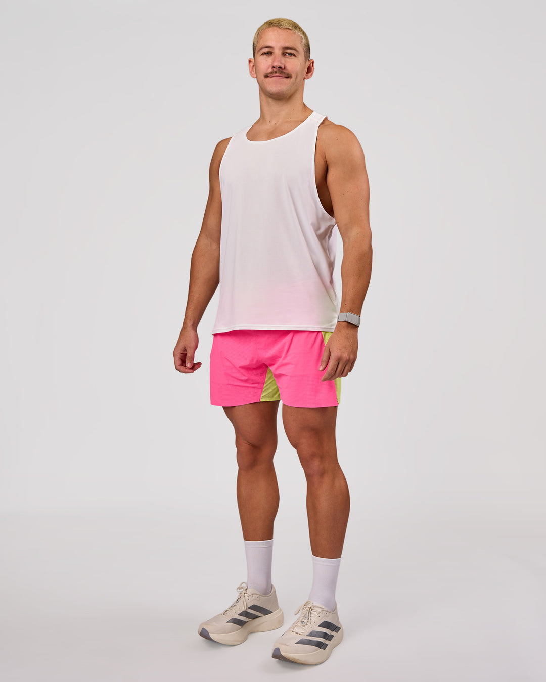 Man wearing UltraAir 5" Lined Performance Short - Sugar Plum-Lime Glo | Model:Jaiden | Size:L - view 5