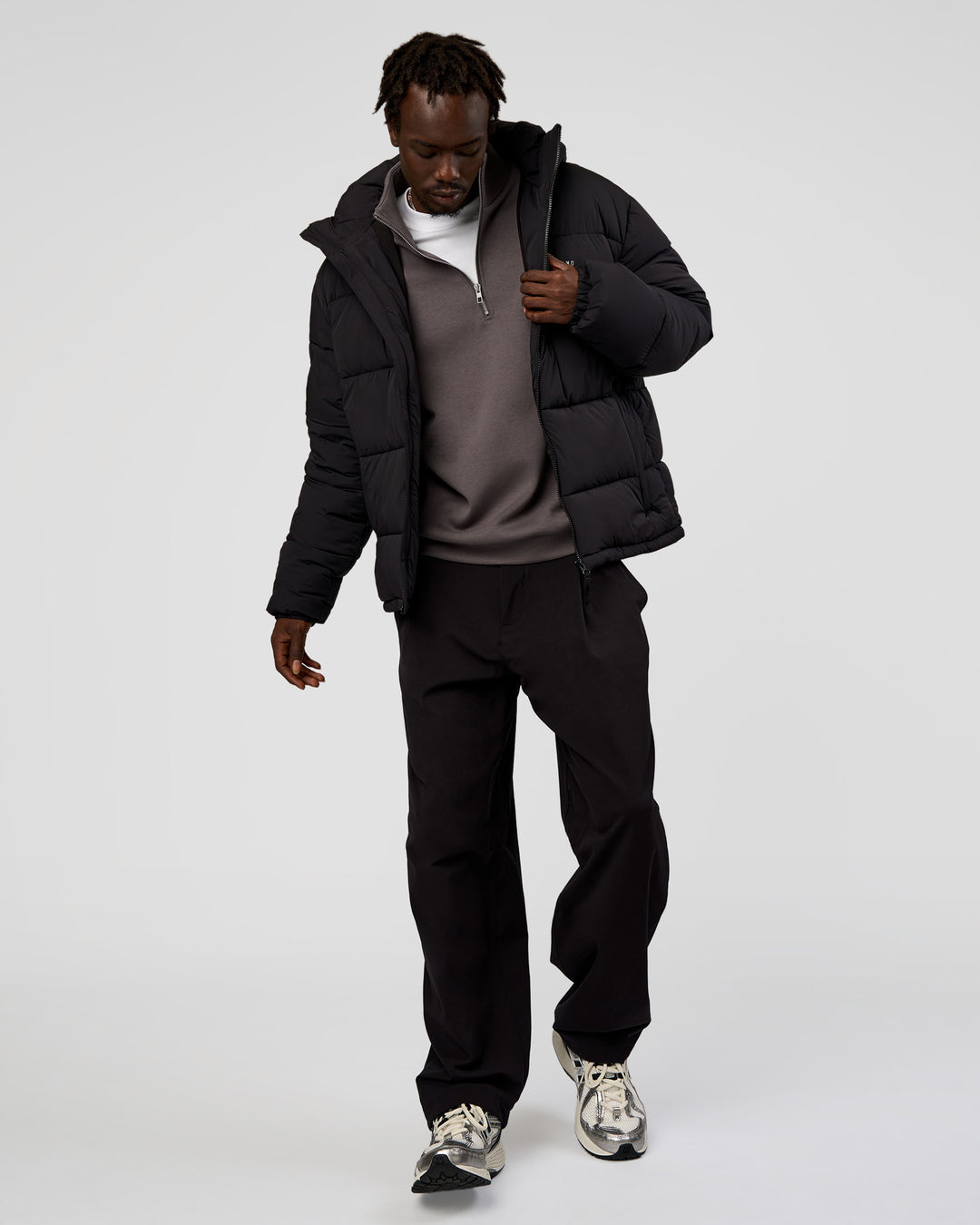 Man wearing Base Puffer Jacket - Black | Model:Okello | Size:L - view 7