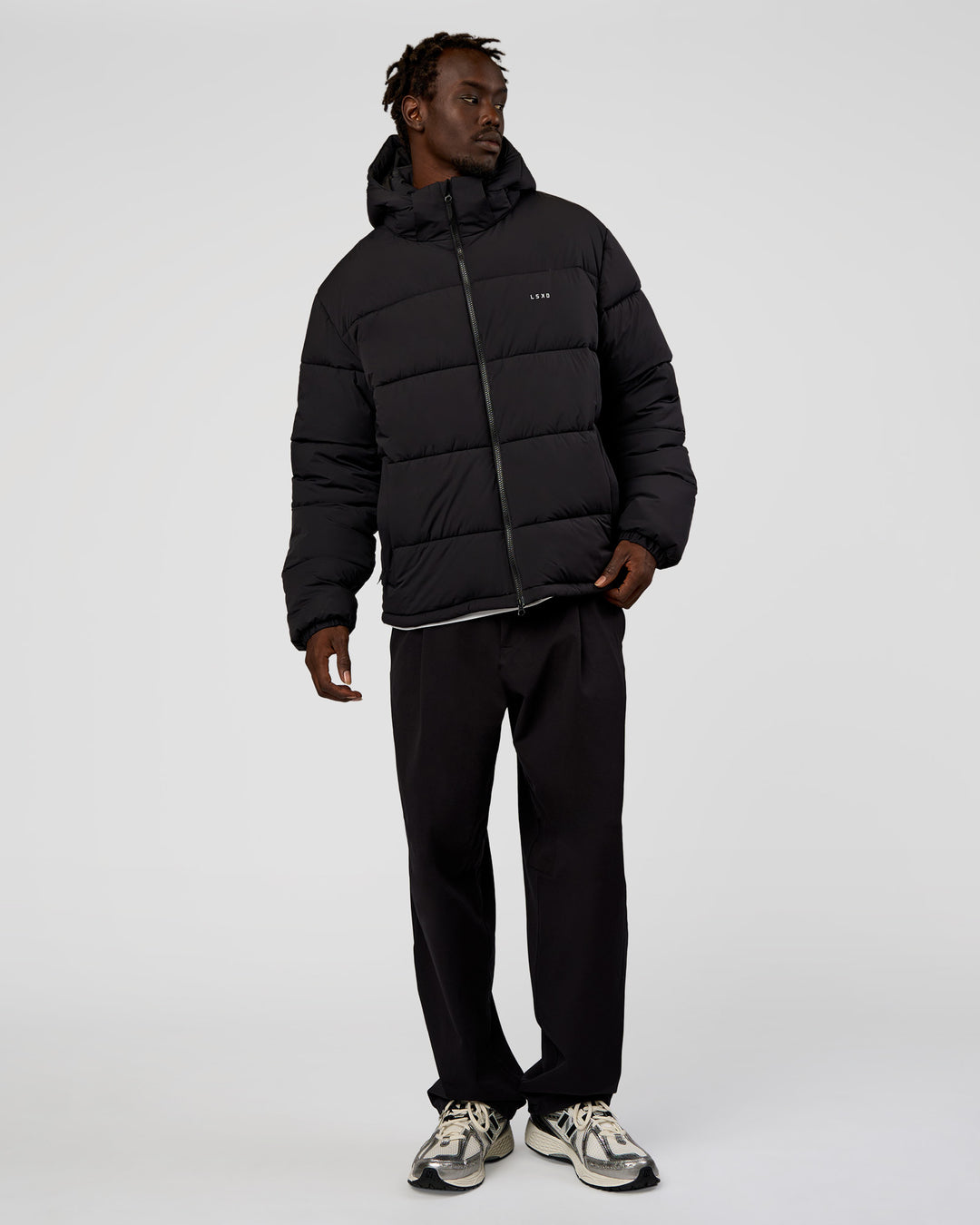 Man wearing Base Puffer Jacket - Black | Model:Okello | Size:L - view 8