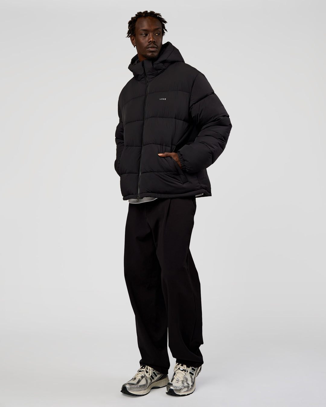 Man wearing Base Puffer Jacket - Black | Model:Okello | Size:L - view 9