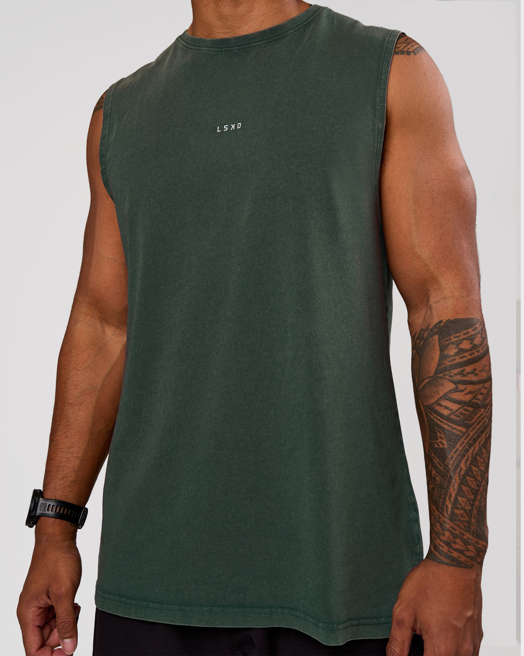 Man wearing Base FLXCotton Tank - Midnight Green Washed | Model:Xav | Size:L - view 2