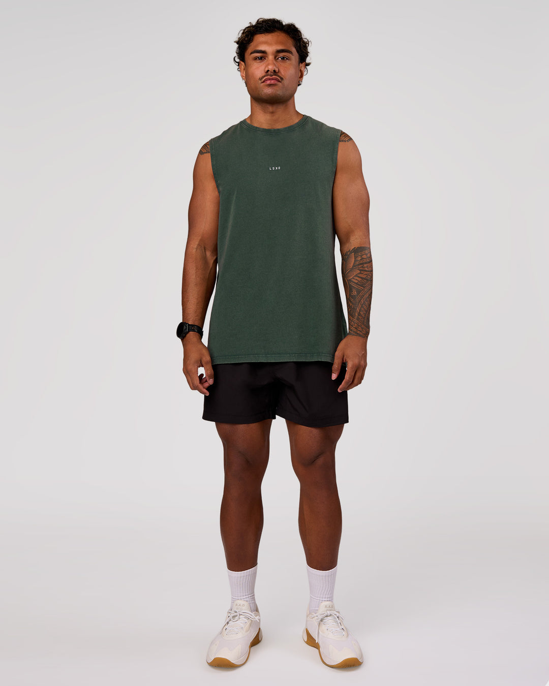 Man wearing Base FLXCotton Tank - Midnight Green Washed | Model:Xav | Size:L - view 4