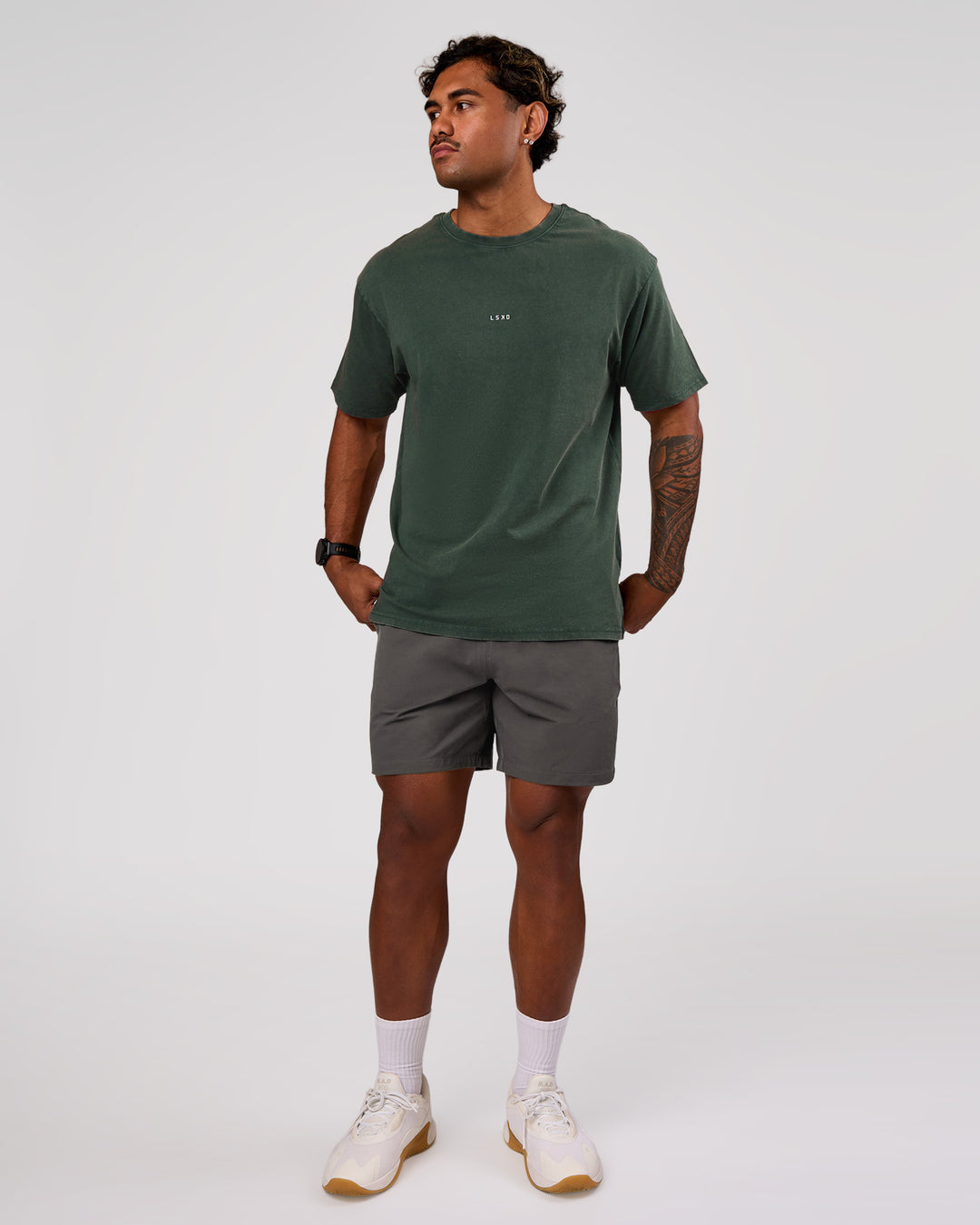 Man wearing Base FLXCotton Tee Oversized - Midnight Green Washed | Model:Xav | Size:L - view 4