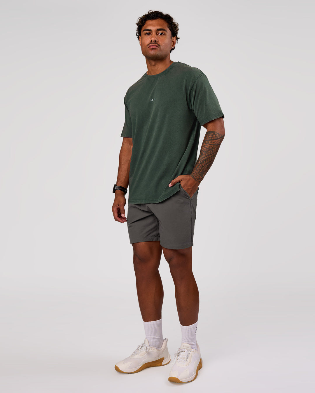 Man wearing Base FLXCotton Tee Oversized - Midnight Green Washed | Model:Xav | Size:L - view 5