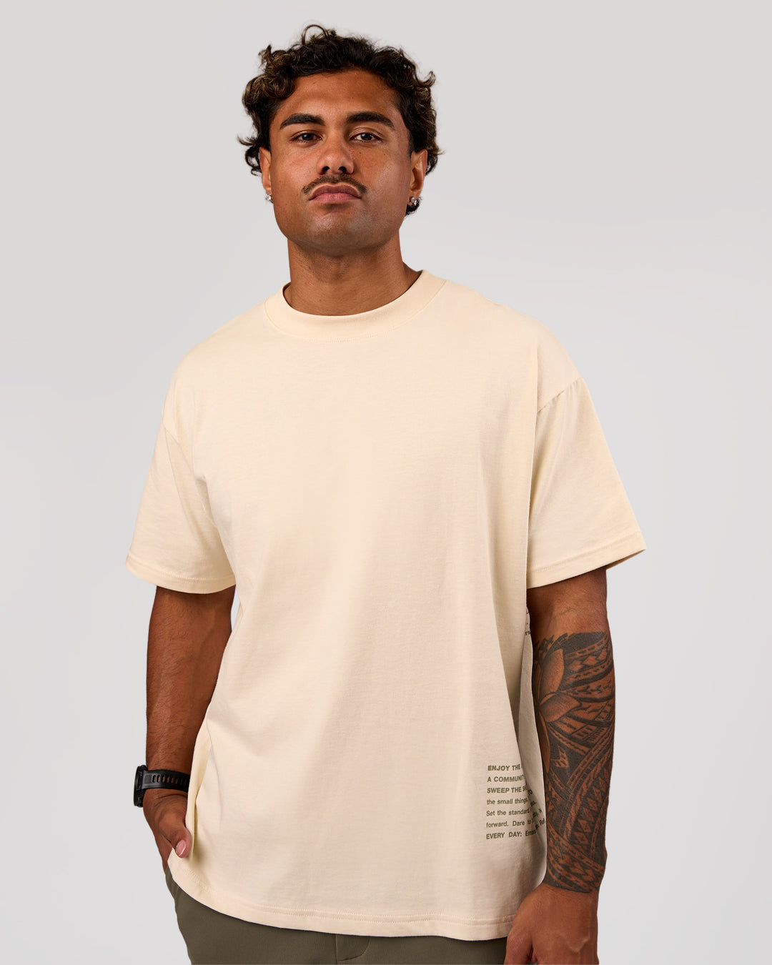 Man wearing Block Heavyweight Oversized Tee  - Vanilla Bean | Model:Xav | Size:L - view 2