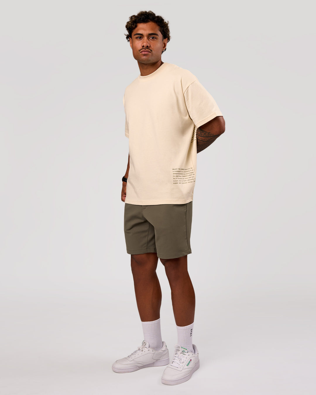 Man wearing Block Heavyweight Oversized Tee  - Vanilla Bean | Model:Xav | Size:L - view 11