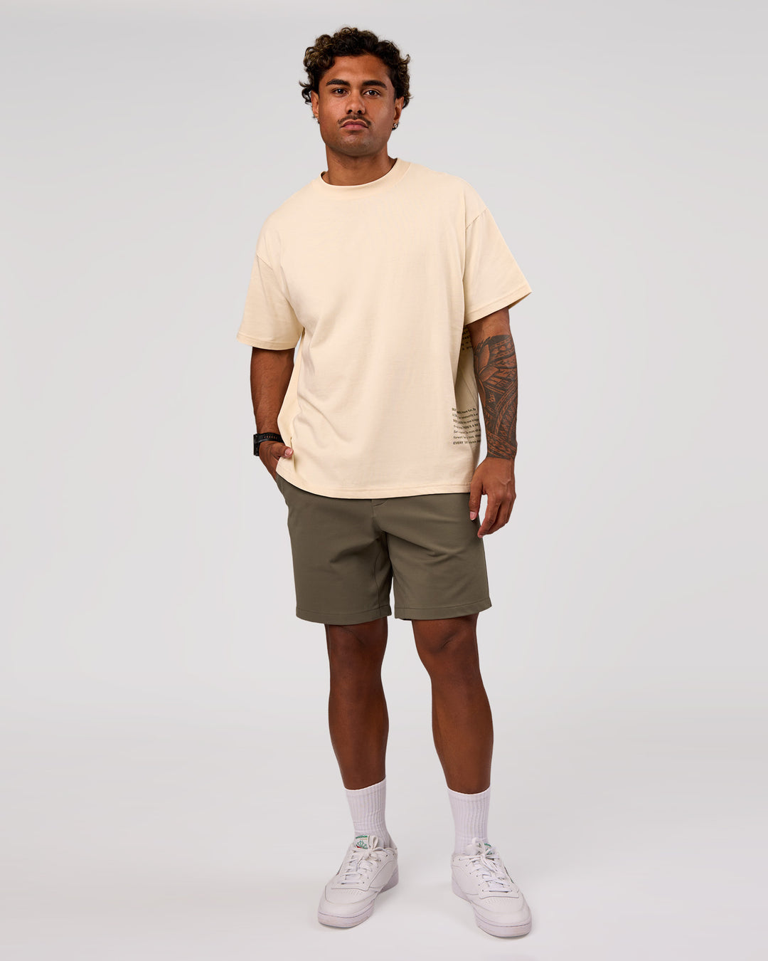 Man wearing Block Heavyweight Oversized Tee  - Vanilla Bean | Model:Xav | Size:L - view 13