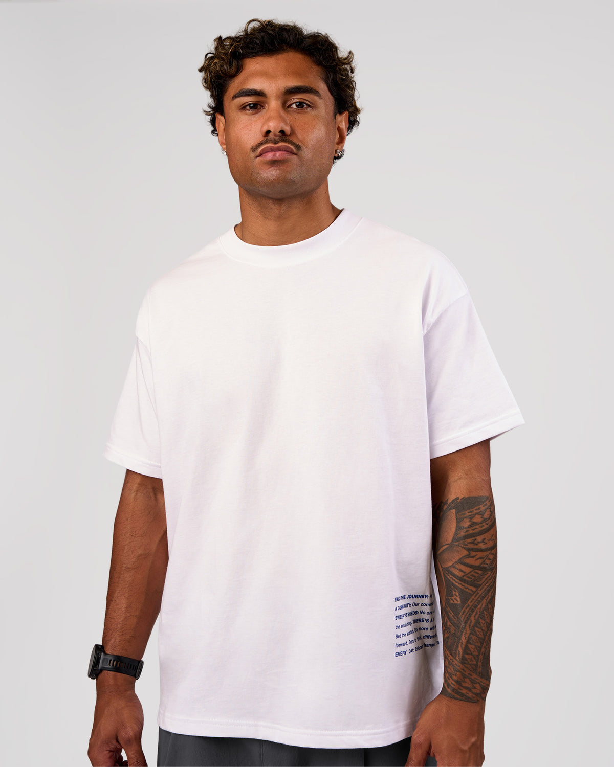 Man wearing Block Heavyweight Oversized Tee  - White-Power Cobalt | Model:Xav | Size:L
