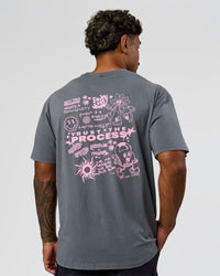 Man wearing Built On Values FLXCotton Oversized Tee - Dark Storm Washed-Pink Rose | Model:Xav | Size:L | Thumbnail Index: 2