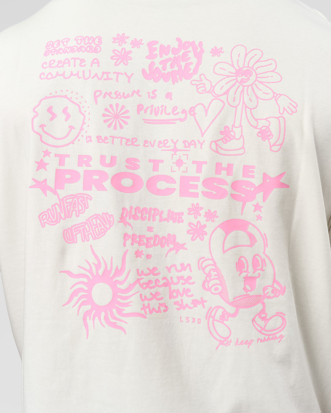 Man wearing Built On Values FLXCotton Oversized Tee - Off White-Pink Rose | Model:Xav | Size:L - view 4