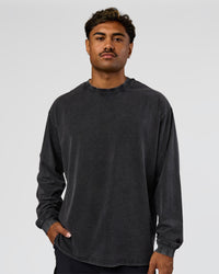 Man wearing Clear Vision Heavyweight FLXCotton Oversized LS Tee - Black Washed-Black | Model:Xav | Size:L | Thumbnail Index: 0