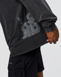Man wearing Clear Vision Heavyweight FLXCotton Oversized LS Tee - Black Washed-Black | Model:Xav | Size:L | Thumbnail Index: 3