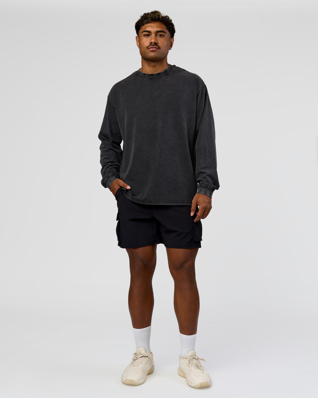 Man wearing Clear Vision Heavyweight FLXCotton Oversized LS Tee - Black Washed-Black | Model:Xav | Size:L - view 10