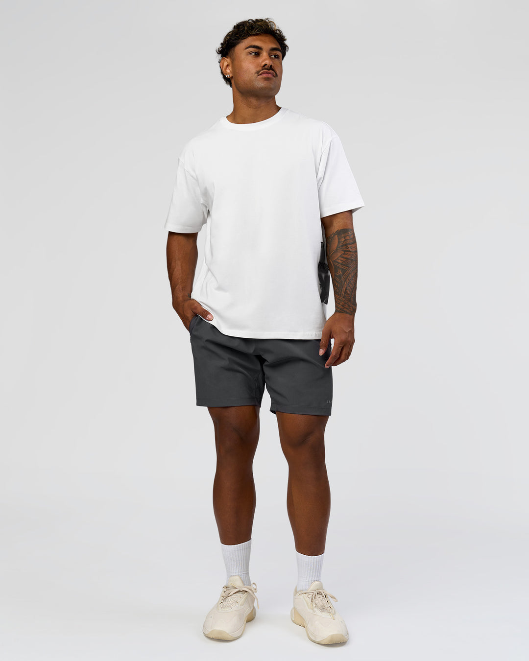 Man wearing Clear Vision Heavyweight FLXCotton Oversized Tee - White-Black | Model:Xav | Size:L - view 5