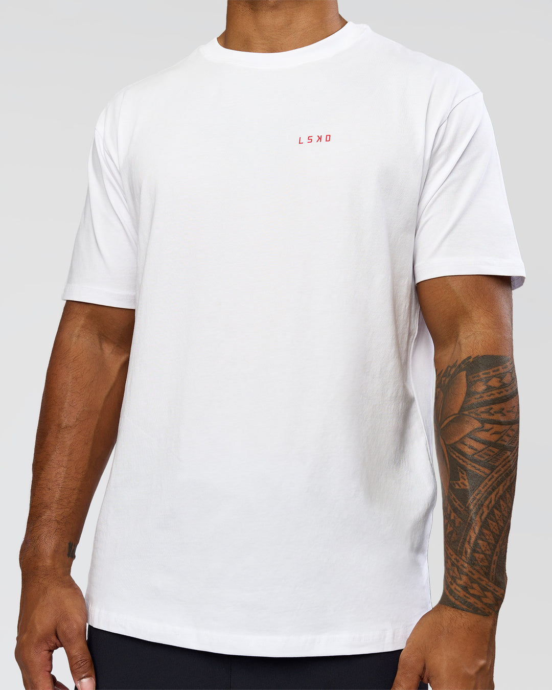 Man wearing Dare To Think FLXCotton Tee Oversize - White-Scarlet | Model:Xav | Size:L - view 12