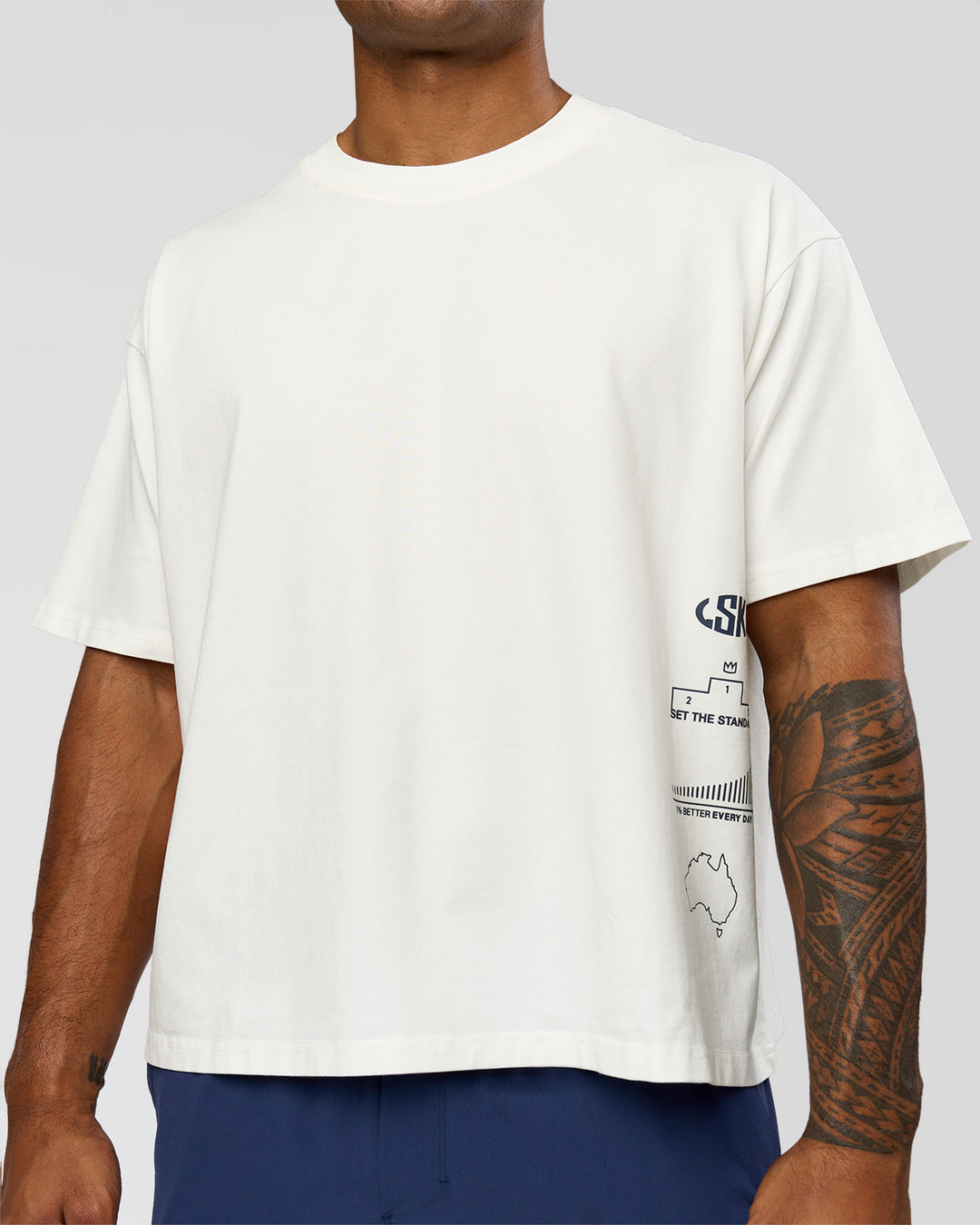 Man wearing Greatest of All Time Heavyweight FLXCotton Boxed Tee - Off White Washed | Model:Xav | Size:L - view 8
