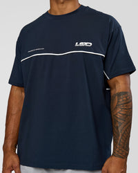 Man wearing Inline Heavyweight FLXCotton Oversized Tee - Midnight Navy-White | Model:Xav | Size:L | Thumbnail Index: 5
