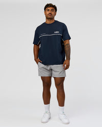 Man wearing Inline Heavyweight FLXCotton Oversized Tee - Midnight Navy-White | Model:Xav | Size:L | Thumbnail Index: 11