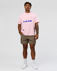 Man wearing League Heavyweight FLXCotton Oversized Tee - Marshmallow-Power Cobalt | Model:Xav | Size:L
