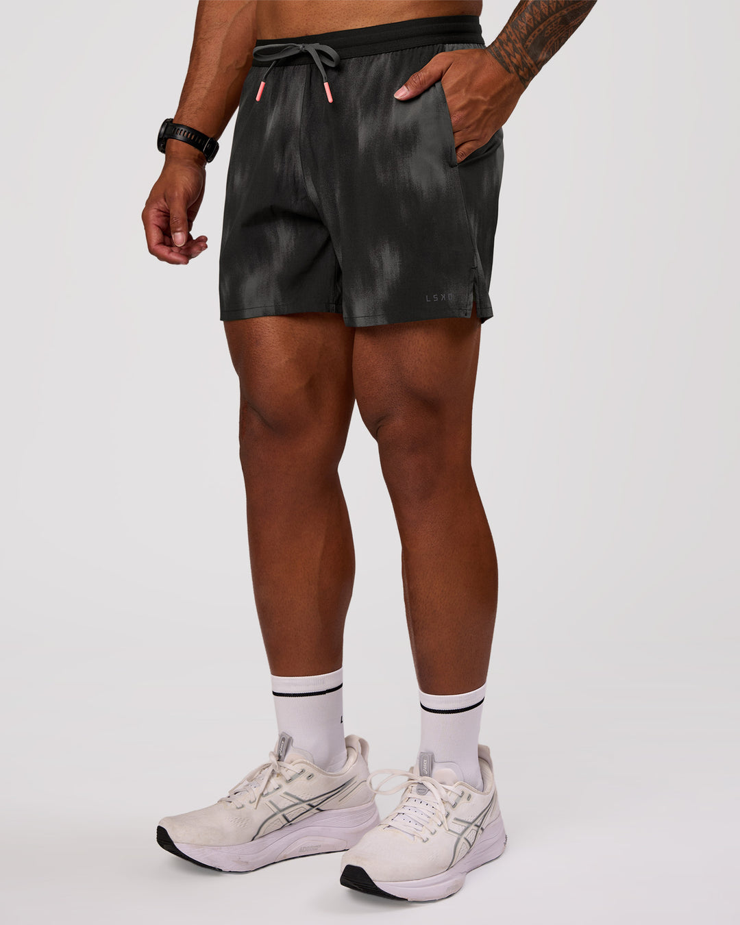 Man wearing Pace 5" Lined Running Short - Bitmap Blur Black | Model:Xav | Size:L - view 4